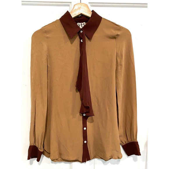 100% Tops - Haute Hippie - Brown & maroon women's 100% Silk button up blouse size XS